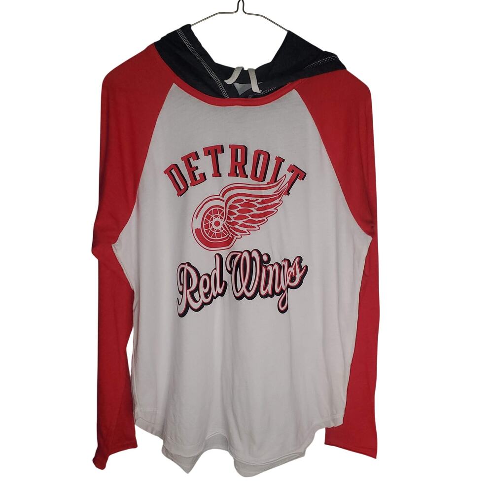 Women's G-III 4Her Detroit Red Wings Hooded Raglan Shirt Size L Red White FLAW